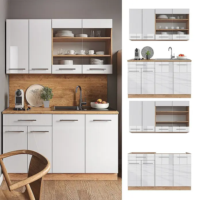 Vicco Singleküche Fame-Line, Weiß Hochglanz/Goldkraft Eiche, 140 cm -  - Moderne weiße Hochglanz-Küchenschränke mit Holzdekor-Arbeitsplatte und offenen Regalen in einem Küchenbereich.