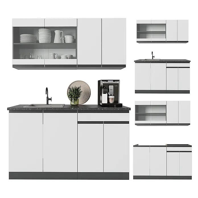 Vicco Singleküche R-Line Weiß/Anthrazit J-Shape, AP Eiche - Breite: 140 cm, Weiß, Mit AP Eiche - Modulare weiße Küchenzeile mit dunkelgrauen Arbeitsplatten, Spüle und Kaffeemaschine. Mit Glas-Oberschränken.