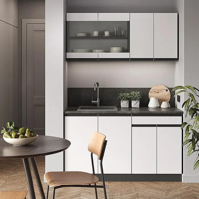 Vicco Singleküche R-Line Weiß/Anthrazit J-Shape, AP Eiche - Breite: 140 cm, Weiß, Mit AP Eiche - Moderne weiße Küchenzeile mit dunkelgrauer Arbeitsplatte und integrierter Spüle in einer zeitgenössischen Küche.