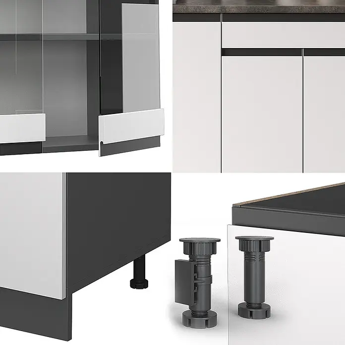 Vicco Singleküche R-Line Weiß/Anthrazit J-Shape, AP Eiche - Breite: 140 cm, Weiß, Mit AP Eiche - Modulare Schrankkomponenten in Weiß und Anthrazit: Glasschiebetüren, integrierte Griffe, verstellbare Füße und Sockeldetails.