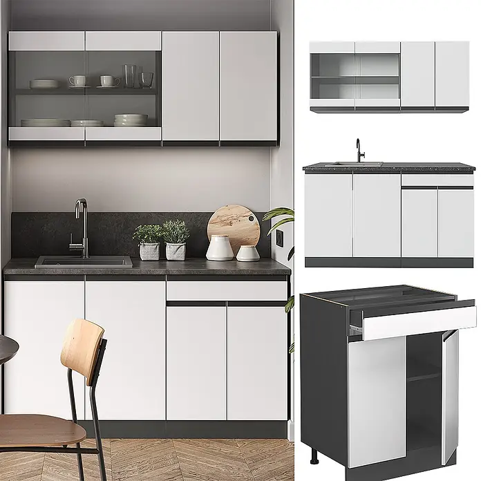 Vicco Singleküche R-Line Weiß/Anthrazit J-Shape, AP Eiche - Breite: 140 cm, Weiß, Mit AP Eiche - Modernes weiß-dunkelgraues Küchenschrank-Set mit Spüle, in kompakter Küche installiert.