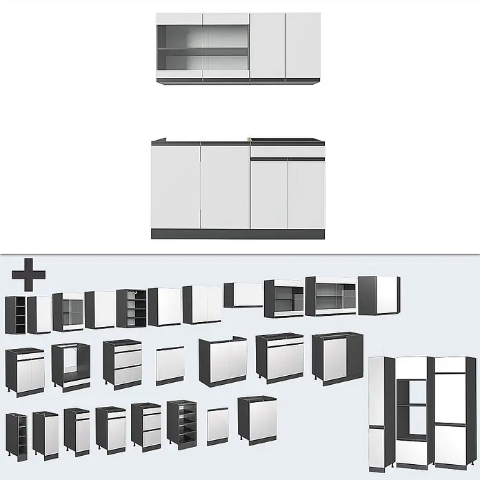Vicco Singleküche R-Line Weiß/Anthrazit J-Shape, AP Eiche - Breite: 140 cm, Weiß, Mit AP Eiche - Modulares Küchenschranksystem mit weißen Türen und anthrazitfarbenen Rahmen, verschiedene Ober- und Unterschränke für Küchenplanung.