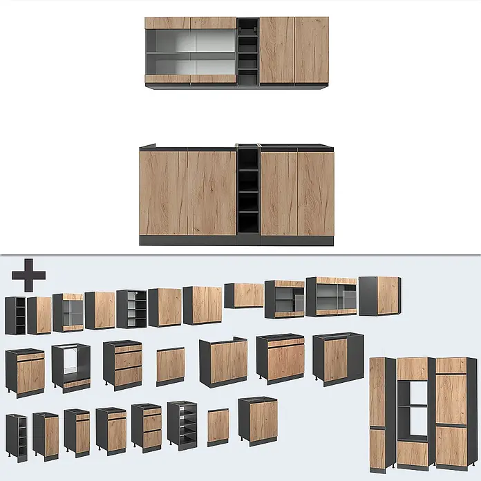 Vicco Singleküche R-Line Goldkraft Eiche/Anthrazit J-Shape, AP Eiche - Goldkraft Eiche, Mit AP Eiche - Modulare Küchenschränke mit hellen Holzfronten und dunkelgrauen Korpi, zeigen verschiedene Einheiten und Konfigurationen.