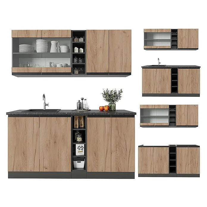 Vicco Singleküche R-Line Goldkraft Eiche/Anthrazit J-Shape, AP Eiche - Goldkraft Eiche, Mit AP Eiche - Küchenschrank-Set aus heller Holzoptik und Dunkelgrau mit Arbeitsplatte, Spüle, offenen Fächern und Glastüren.