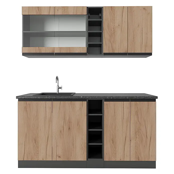 Vicco Singleküche R-Line Goldkraft Eiche/Anthrazit J-Shape, AP Anthrazit - Goldkraft Eiche, Mit AP Anthrazit - Moderne Küchenzeile in heller Holzoptik und Dunkelgrau, mit oberen Glastüren, offenen Regalen und Spüle.