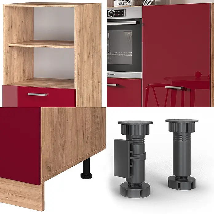 Vicco Küchenleerblock R-Line Rot Hochglanz/Goldkraft Eiche ohne Arbeitsplatte - Rot Hochglanz - Modulare Küchenschränke mit Holzoptik, glänzenden roten Fronten und schwarzen verstellbaren Füßen.
