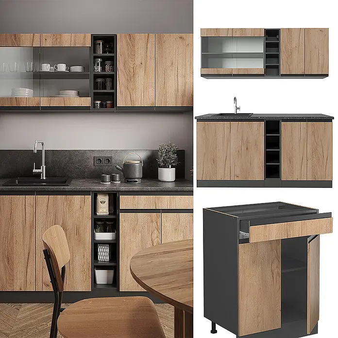 Vicco Singleküche R-Line Goldkraft Eiche/Anthrazit J-Shape, AP Eiche - Goldkraft Eiche, Mit AP Eiche - Moderne Küchenmöbel mit hellen Holzfronten und dunkelgrauen Rahmen, in Küchenumgebung mit Stauraum.