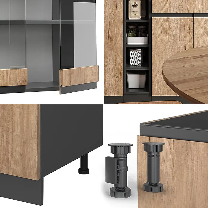 Vicco Singleküche R-Line Goldkraft Eiche/Anthrazit J-Shape, AP Eiche - Goldkraft Eiche, Mit AP Eiche - Details eines modularen Küchensystems: dunkelgraue Schränke, holzfarbene Fronten, Glasschiebetüren und verstellbare Füße.