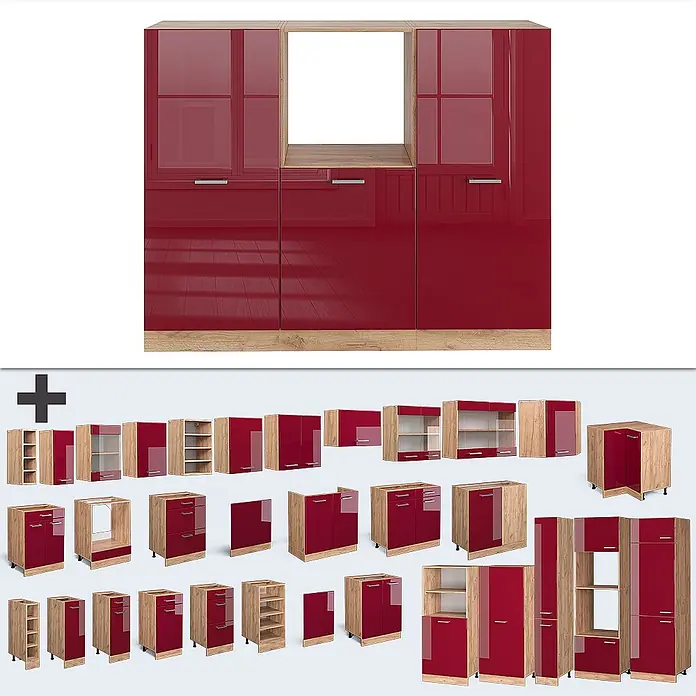 Vicco Küchenleerblock R-Line Rot Hochglanz/Goldkraft Eiche ohne Arbeitsplatte - Rot Hochglanz - Modulares Küchenschranksystem mit hochglanzroten Türen und hellen Holzdekorrahmen, in verschiedenen Konfigurationen erhältlich.