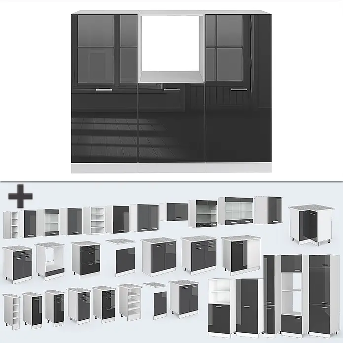 Vicco Küchenleerblock R-Line Anthrazit Hochglanz/Weiß ohne Arbeitsplatte - Breite: 180 cm, Anthrazit Hochglanz - Ein modernes modulares Küchensystem in glänzendem Dunkelgrau und Weiß, mit verschiedenen Ober- und Unterschränken, offenen Regalen und Hochschränken.