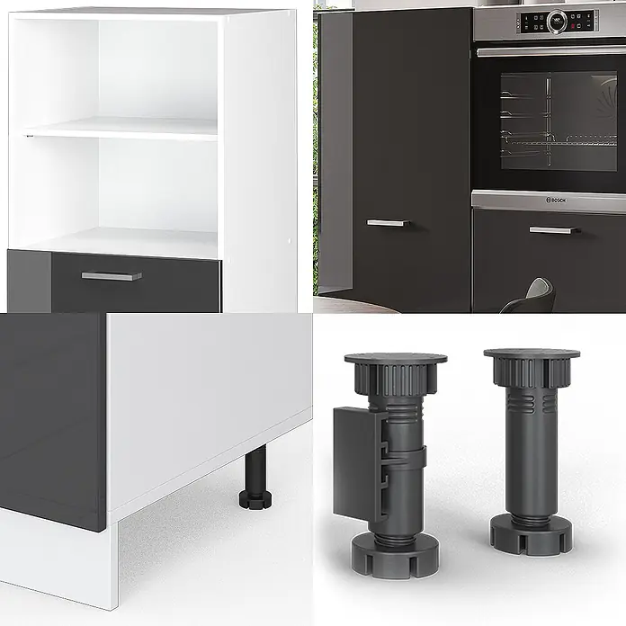 Vicco Küchenleerblock R-Line Anthrazit Hochglanz/Weiß ohne Arbeitsplatte - Breite: 180 cm, Anthrazit Hochglanz - Verstellbare schwarze Kunststofffüße für Küchenschränke, einzeln und unter einem weiß-dunkelgrauen Schrank gezeigt.