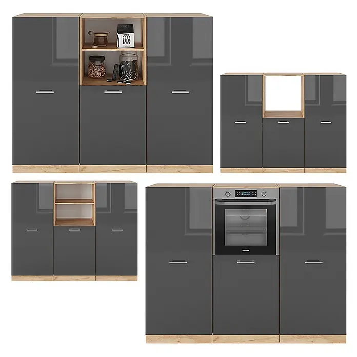 Vicco Küchenleerblock R-Line Anthrazit Hochglanz/Goldkraft Eiche ohne Arbeitsplatte - Breite: 180 cm, Anthrazit Hochglanz - Dunkelgraue Hochglanz-Modulküchenschränke mit hellen Holzakzenten, zeigen verschiedene Konfigurationen mit offenen Regalen und integriertem Ofen.