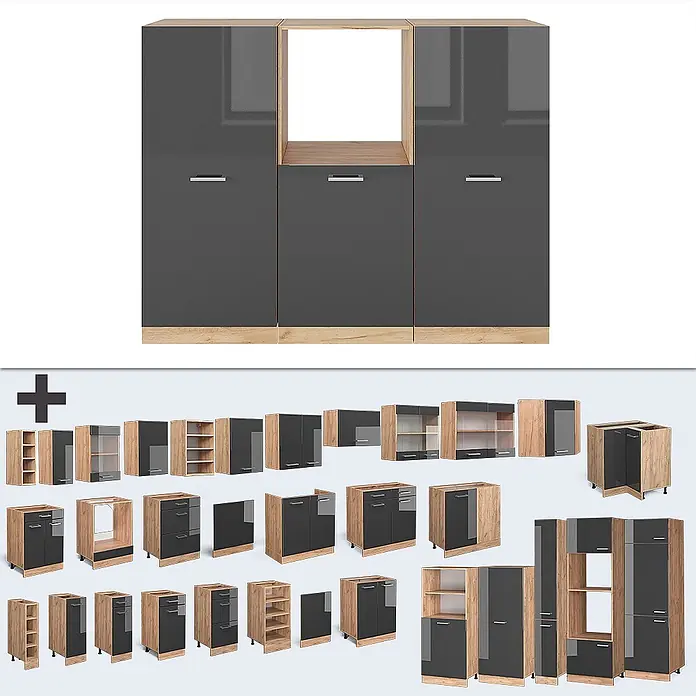 Vicco Küchenleerblock R-Line Anthrazit Hochglanz/Goldkraft Eiche ohne Arbeitsplatte - Anthrazit Hochglanz - Modulares Küchenschranksystem mit dunkelgrauen Hochglanzfronten und hellen Holzdekorrahmen, zeigt montierte und einzelne Komponenten.