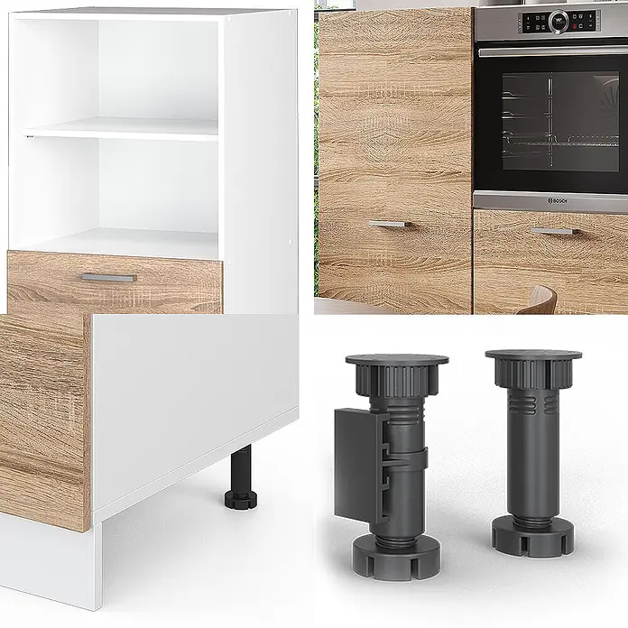 Vicco Küchenleerblock R-Line Sonoma/Weiß ohne Arbeitsplatte - Sonoma - Weiß-holzfarbener Küchenunterschrank mit Schublade und zwei verstellbaren dunkelgrauen Möbelfüßen.