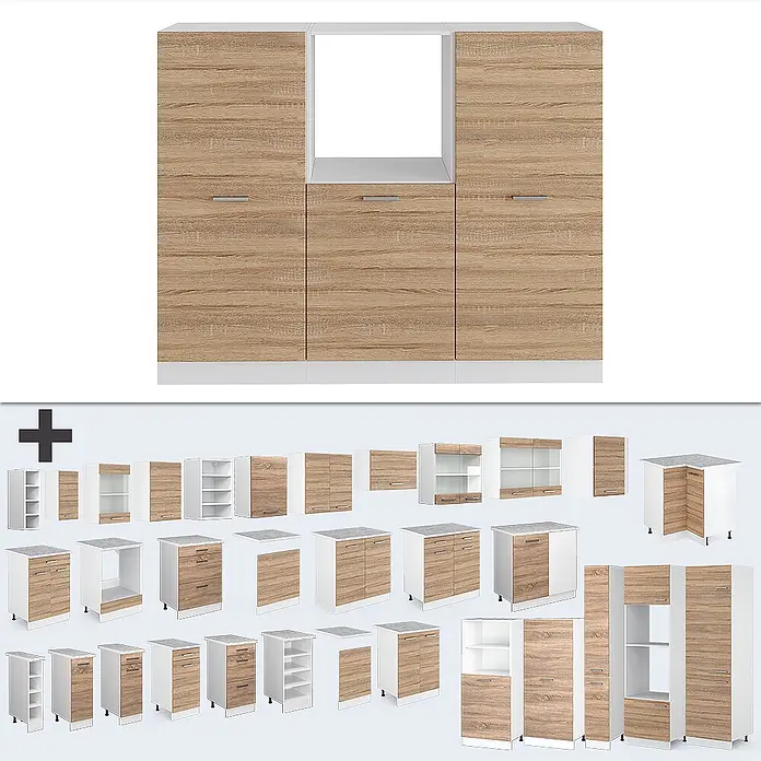 Vicco Küchenleerblock R-Line Sonoma/Weiß ohne Arbeitsplatte - Sonoma - Modulare Küchenmöbel in hellem Eichenholz und Weiß, inklusive Hochschrank mit Gerätenische und diversen Schränken.