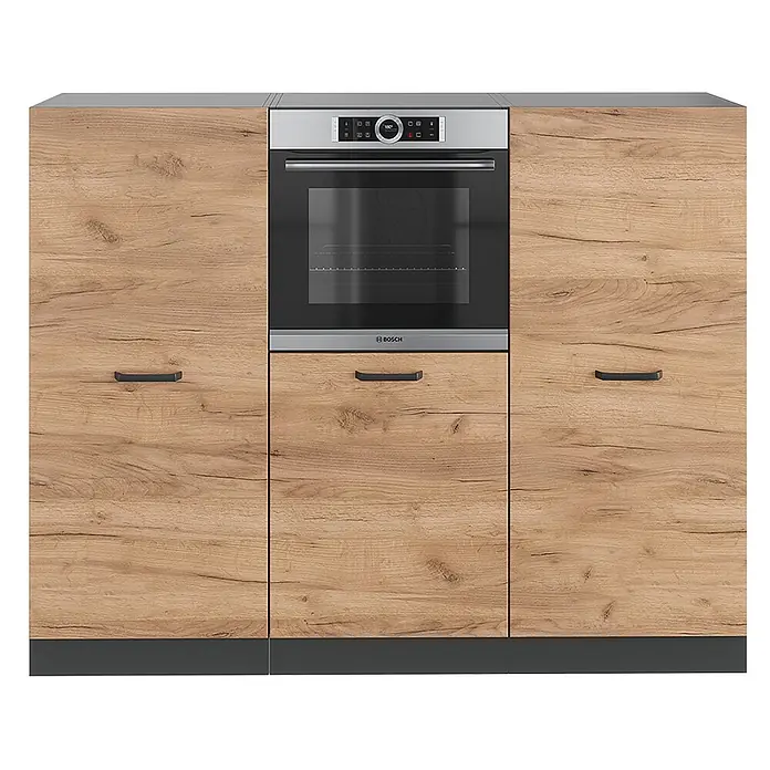 Vicco Küchenleerblock R-Line Goldkraft Eiche/Anthrazit ohne Arbeitsplatte - Breite: 180 cm, Goldkraft Eiche - Küchenunterschrank mit hellen Holzmaserungstüren, integriertem Bosch-Backofen und einer Auszugsschublade.