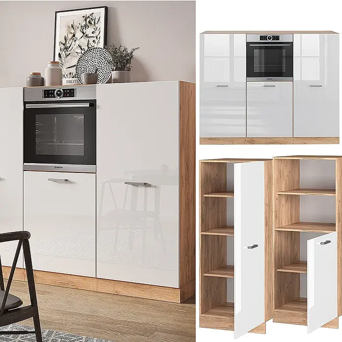 Vicco Küchenleerblock R-Line Weiß Hochglanz/Goldkraft Eiche ohne Arbeitsplatte - Breite: 180 cm, Weiß Hochglanz - Moderne weiße Hochglanz-Küchenschränke mit Holzdekor-Akzenten, inklusive integriertem Backofen und passenden Hochschränken.