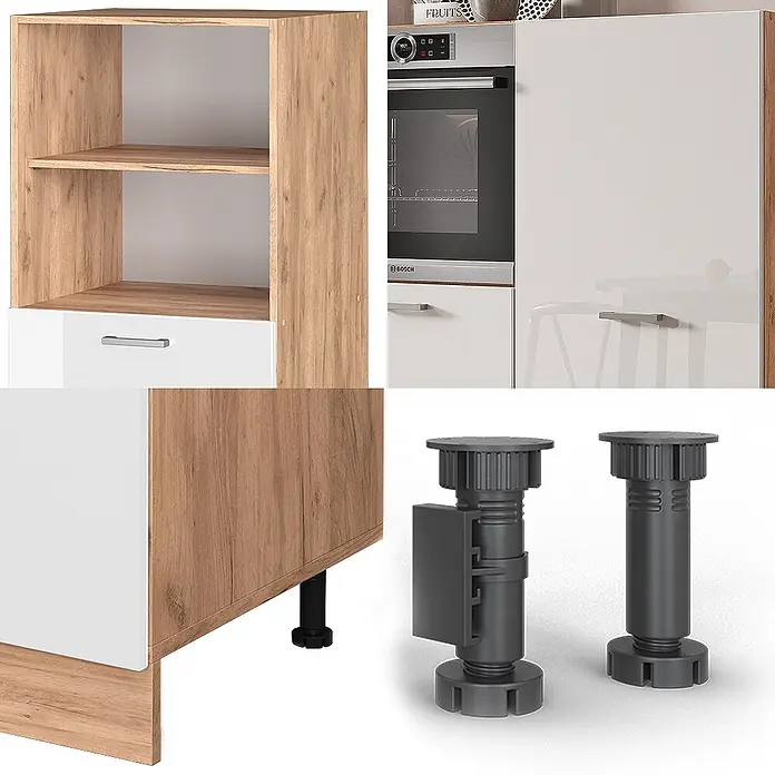 Vicco Küchenleerblock R-Line Weiß Hochglanz/Goldkraft Eiche ohne Arbeitsplatte - Breite: 180 cm, Weiß Hochglanz - Modulare Küchenschrankelemente in heller Holzoptik und Weißglanz, mit verstellbaren schwarzen Füßen zum Nivellieren.