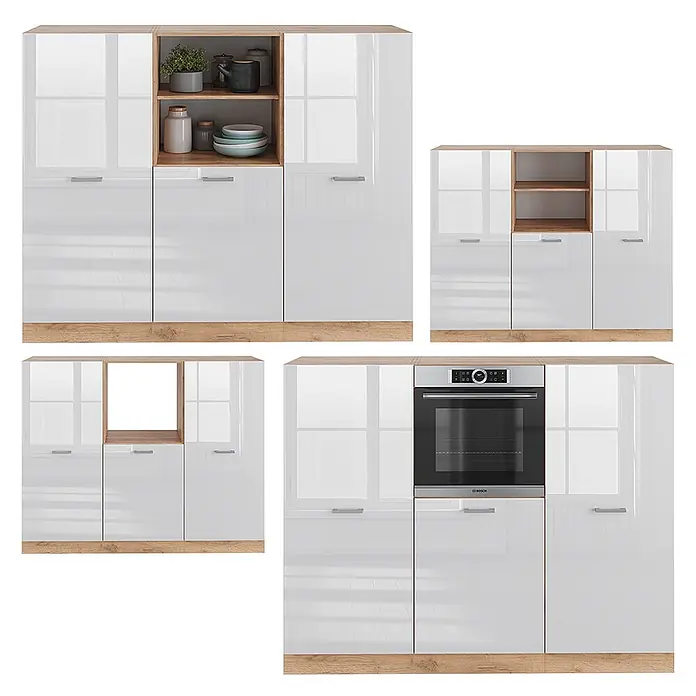 Vicco Küchenleerblock R-Line Weiß Hochglanz/Goldkraft Eiche ohne Arbeitsplatte - Breite: 180 cm, Weiß Hochglanz - Modulare Küchenschränke mit hochglänzenden weißen Fronten und Holzoptik-Akzenten, teils mit offenen Regalen oder integriertem Backofen.