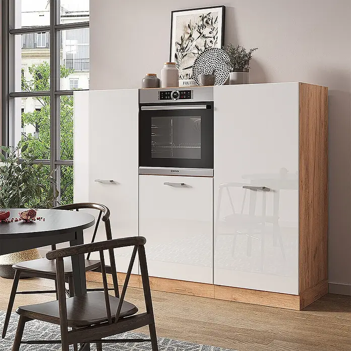 Vicco Küchenleerblock R-Line Weiß Hochglanz/Goldkraft Eiche ohne Arbeitsplatte - Breite: 180 cm, Weiß Hochglanz - Moderner Küchenschrank in Weiß und Holz mit integriertem Bosch-Backofen, für elegante Aufbewahrung und Kochfunktionen.