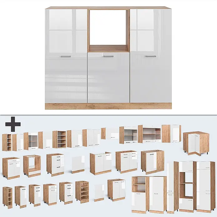 Vicco Küchenleerblock R-Line Weiß Hochglanz/Goldkraft Eiche ohne Arbeitsplatte - Breite: 180 cm, Weiß Hochglanz - Weiße Hochglanz-Küchenschränke mit hellen Holzakzenten, Glas- und geschlossenen Türen sowie offenen Regalen, als modulares System.