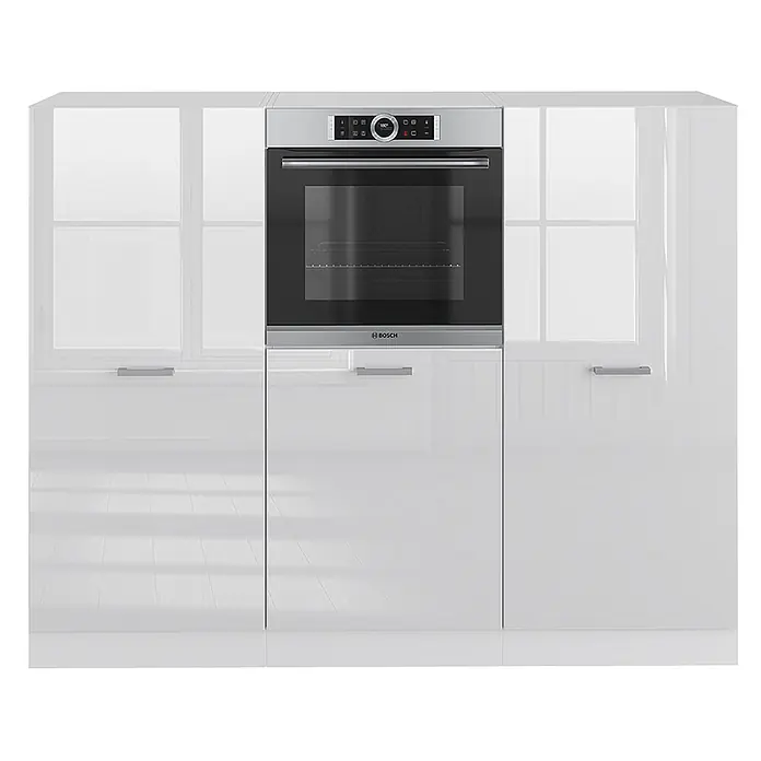 Vicco Küchenleerblock R-Line Weiß Hochglanz/Weiß ohne Arbeitsplatte - Breite: 180 cm, Weiß Hochglanz - Einbauofen in Schwarz-Silber-Optik, integriert in hochglänzende weiße Küchenschränke.