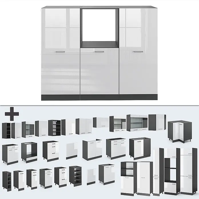 Vicco Küchenleerblock R-Line Weiß Hochglanz/Anthrazit ohne Arbeitsplatte - Weiß Hochglanz - Modulares Küchenschrank-Set in Weiß und Dunkelgrau, mit verschiedenen Ober- und Unterschränken.