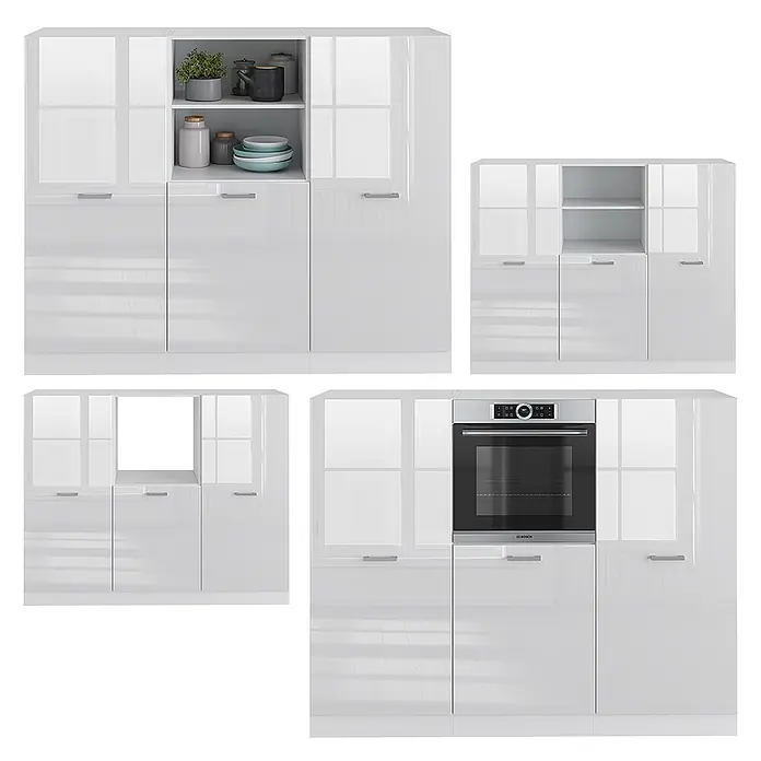 Vicco Küchenleerblock R-Line Weiß Hochglanz/Weiß ohne Arbeitsplatte - Breite: 180 cm, Weiß Hochglanz - Modulare, weiße Hochglanzschränke mit Glastüren, offenen Regalen und integriertem Ofen für moderne Küchen- oder Esszimmeraufbewahrung.