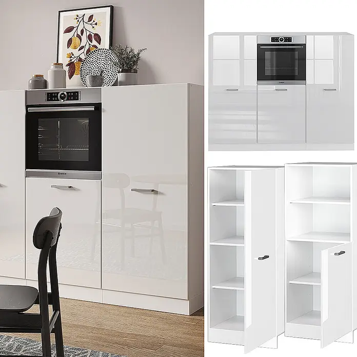 Vicco Küchenleerblock R-Line Weiß Hochglanz/Weiß ohne Arbeitsplatte - Breite: 180 cm, Weiß Hochglanz - Weiße Hochglanz-Küchenschränke mit integriertem Ofen und hohen Aufbewahrungseinheiten in moderner Küche.