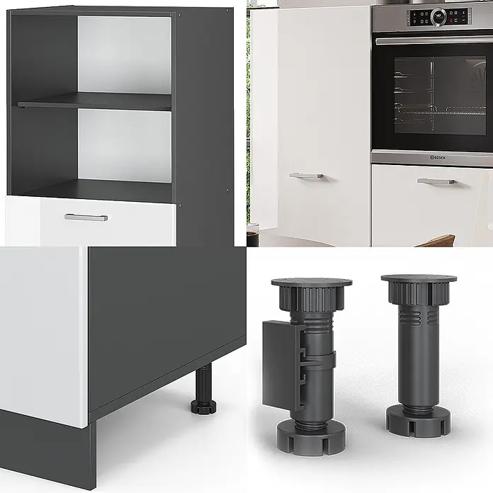 Vicco Küchenleerblock R-Line Weiß Hochglanz/Anthrazit ohne Arbeitsplatte - Weiß Hochglanz - Dunkelgrau-weißes modulares Küchenschrankelement mit verstellbaren Kunststofffüßen, in moderner Küchenumgebung gezeigt.
