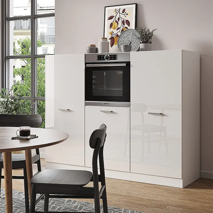 Vicco Küchenleerblock R-Line Weiß Hochglanz/Weiß ohne Arbeitsplatte - Breite: 180 cm, Weiß Hochglanz - Weißes Hochglanz-Küchenschrankelement mit integriertem Backofen, bietet elegante Aufbewahrung im modernen Essbereich.