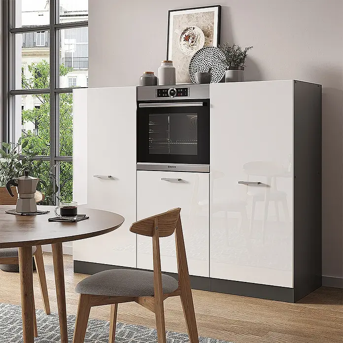 Vicco Küchenleerblock R-Line Weiß Hochglanz/Anthrazit ohne Arbeitsplatte - Weiß Hochglanz - Weißer Küchenschrank mit integriertem Bosch Backofen, bietet Stauraum und Kochlösung im modernen Essbereich.