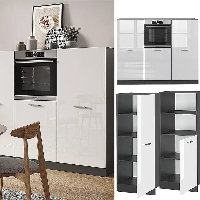 Vicco Küchenleerblock R-Line Weiß Hochglanz/Anthrazit ohne Arbeitsplatte - Weiß Hochglanz - Moderne Küchenhochschränke mit glänzenden weißen Türen und dunkelgrauen Rahmen, einer mit integriertem Backofen, andere mit Einlegeböden.