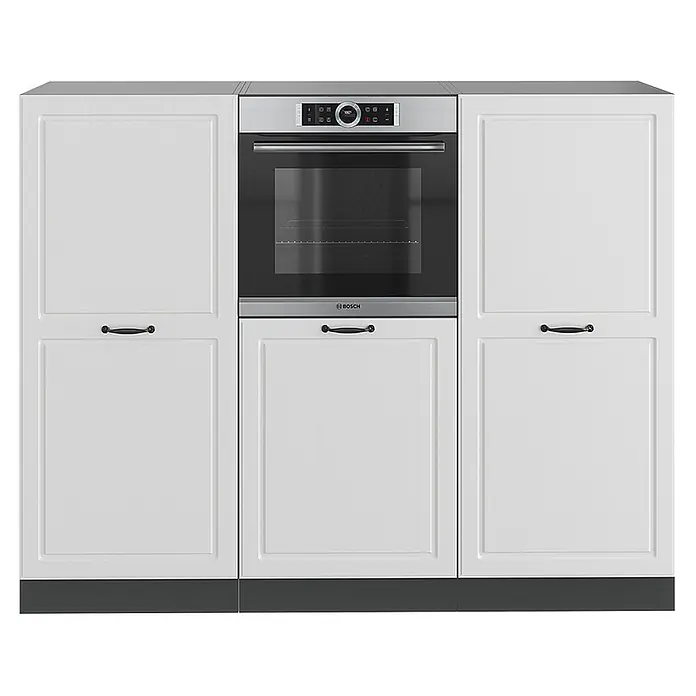 Vicco Küchenleerblock R-Line Weiß Landhaus/Anthrazit ohne Arbeitsplatte - Breite: 180 cm, Weiß Landhaus - Weißer Küchenschrank mit integriertem Bosch Backofen und schwarzen Griffen.