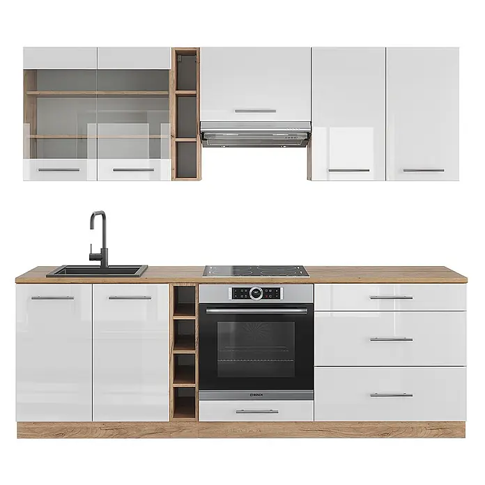 Vicco Küchenzeile Fame-Line Weiß Hochglanz/Goldkraft Eiche, AP Eiche - Breite: 235 cm, Weiß Hochglanz, Ohne Elektrogeräte - Moderne Küchenzeile mit hochglänzenden weißen Schränken, Holz-Arbeitsplatte und -Sockel, integriertem Ofen, Kochfeld, Spüle und Dunstabzugshaube.