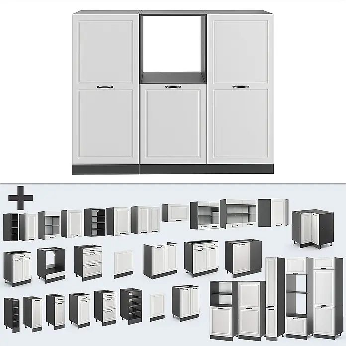 Vicco Küchenleerblock R-Line Weiß Landhaus/Anthrazit ohne Arbeitsplatte - Breite: 180 cm, Weiß Landhaus - Set modularer Küchenschränke mit weißen Türen und dunkelgrauen Rahmen, geeignet für diverse Küchenkonfigurationen.