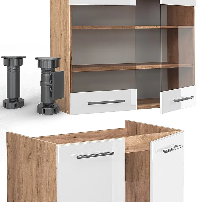 Vicco Küchenzeile Fame-Line Weiß Hochglanz/Goldkraft Eiche, AP Anthrazit - Weiß Hochglanz, Ohne Elektrogeräte - Schrank in Holzoptik und Weiß mit Glastüren und Einlegeböden, gezeigt mit verstellbaren Möbelfüßen.