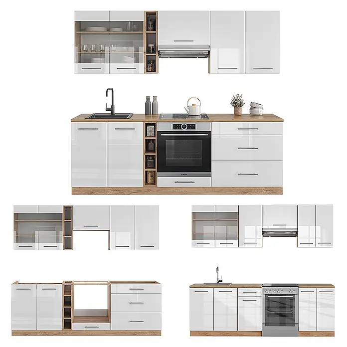Vicco Küchenzeile Fame-Line Weiß Hochglanz/Goldkraft Eiche, AP Anthrazit - Weiß Hochglanz, Ohne Elektrogeräte - Modulares Küchensystem mit weißen Hochglanzfronten, hellen Holzdekor-Arbeitsplatten, integrierten Geräten und offenen Regalen.