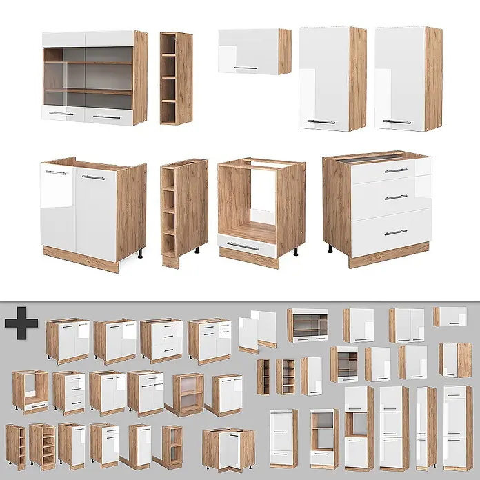 Vicco Küchenzeile Fame-Line Weiß Hochglanz/Goldkraft Eiche, AP Eiche - Breite: 235 cm, Weiß Hochglanz, Ohne Elektrogeräte - Sortiment weißer und holzfarbener Küchenschränke und -module, inklusive Unter-, Ober- und Regalschränke.
