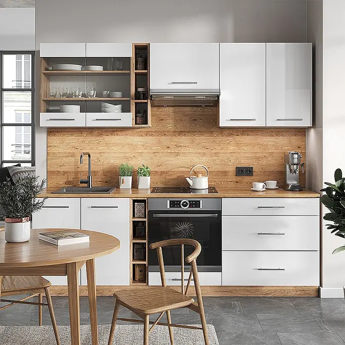 Vicco Küchenzeile Fame-Line Weiß Hochglanz/Goldkraft Eiche, AP Anthrazit - Weiß Hochglanz, Ohne Elektrogeräte - Weiße Hochglanz-Küchenschränke mit Holz-Arbeitsplatte und Spritzschutz in moderner Küche.