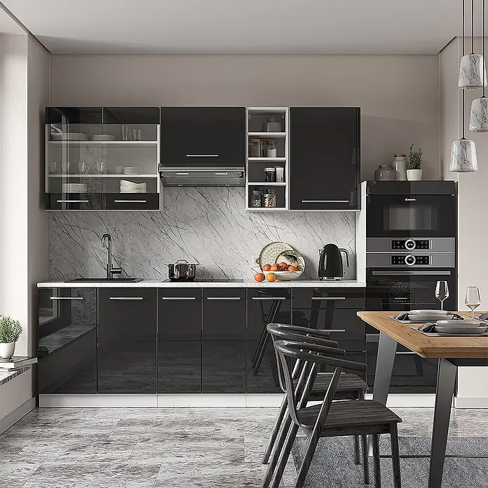 Vicco Küchenzeile Fame-Line Anthrazit Hochglanz/Weiß, AP Anthrazit - Breite: 280 cm, Anthrazit Hochglanz, Ohne Elektrogeräte - Moderne Küche mit hochglänzenden schwarzen Schränken, weißer Marmorrückwand und integrierten Geräten, mit Esstisch.
