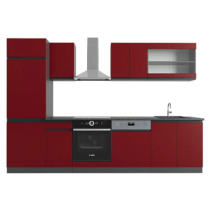 Vicco Küchenzeile R-Line Rot/Anthrazit J-Shape - Breite: 300 cm, Rot, Ohne Elektrogeräte - Rote Modulküche mit integriertem Backofen, Geschirrspüler, Kochfeld, Spüle und Dunstabzugshaube. Mit roten Unter- und Oberschränken.