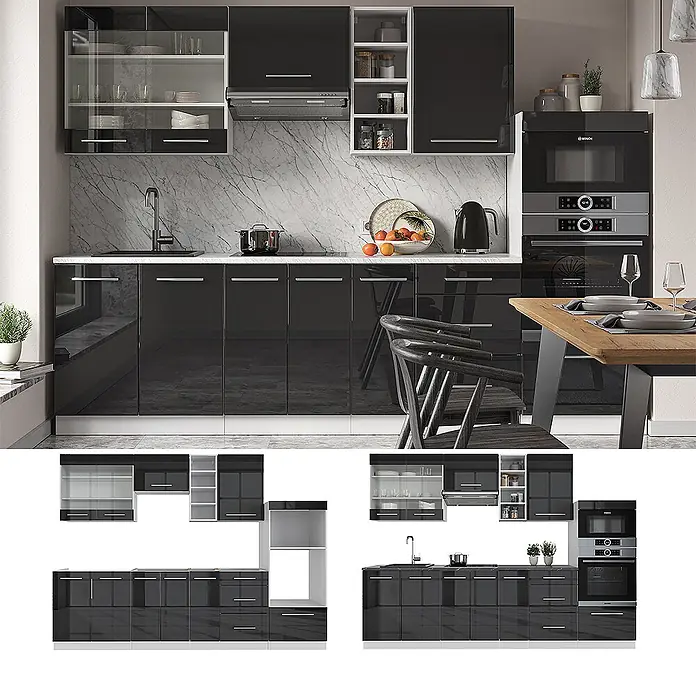 Vicco Küchenzeile Fame-Line Anthrazit Hochglanz/Weiß, AP Anthrazit - Breite: 280 cm, Anthrazit Hochglanz, Ohne Elektrogeräte - Moderne Küche mit schwarzen Hochglanzfronten, silbernen Griffen, Glastüren, integrierten Geräten und weißen offenen Regalen.