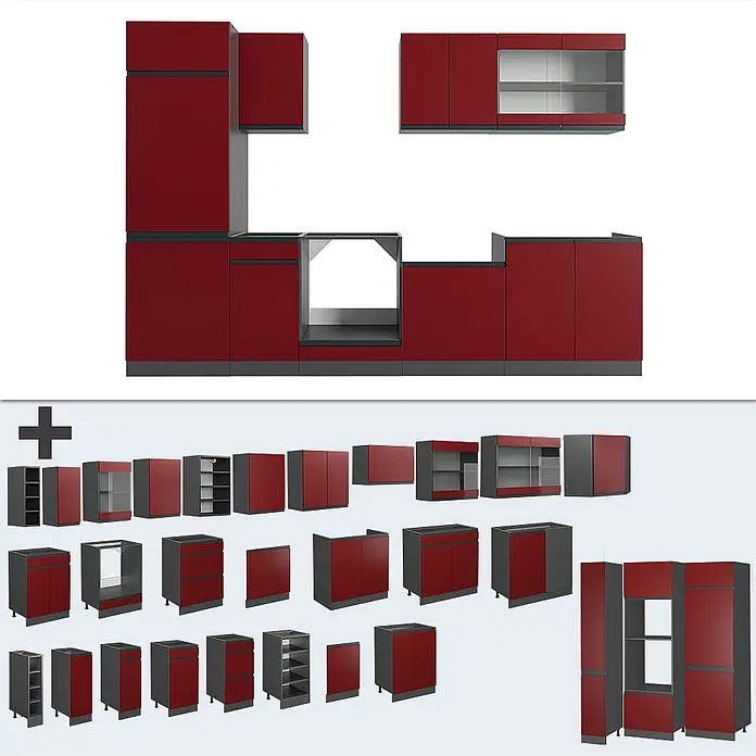 Vicco Küchenzeile R-Line, Rot/Anthrazit, 300 cm -  - Modulares Küchenschranksystem mit roten Fronten und dunkelgrauen Korpen, als Aufbau und Einzelteile.