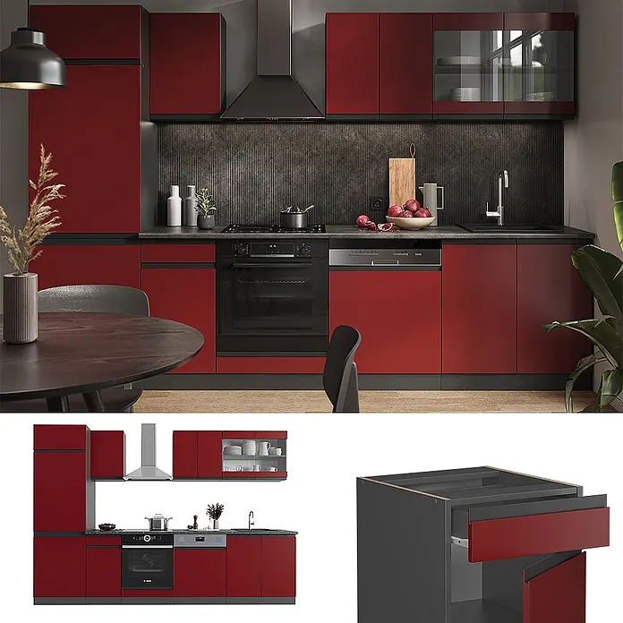 Vicco Küchenzeile R-Line Rot/Anthrazit J-Shape, AP Eiche - Breite: 300 cm, Rot, Ohne Elektrogeräte - Eine moderne Küche mit kräftig roten Schränken, schwarzen Arbeitsplatten und integrierten Geräten.