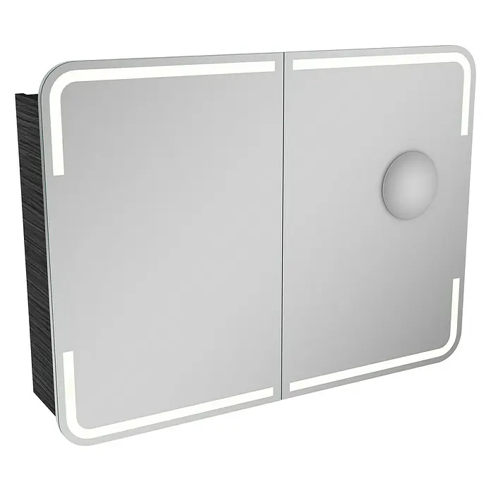 Camargue Stella LED-Spiegelschrank - B x H: 100 x 73,7 cm, Holz, Dark Oak, Mit Beleuchtung, Kantenausführung Tür: Abgerundet - Doppeltüriger Spiegelschrank mit Beleuchtung und rundem Griff, ideal für das Badezimmer. Praktisch und stilvoll für mehr Stauraum.