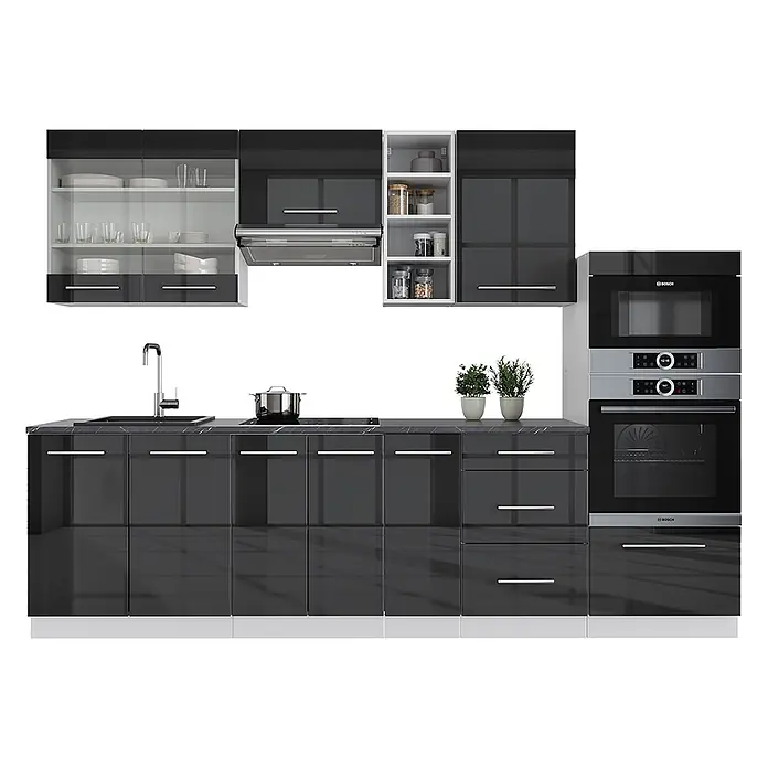 Vicco Küchenzeile Fame-Line Anthrazit Hochglanz/Weiß, AP Anthrazit - Breite: 280 cm, Anthrazit Hochglanz, Ohne Elektrogeräte - Moderne dunkelgraue Hochglanzküche mit Schränken, Spüle, Kochfeld und Einbauherd und Mikrowelle.