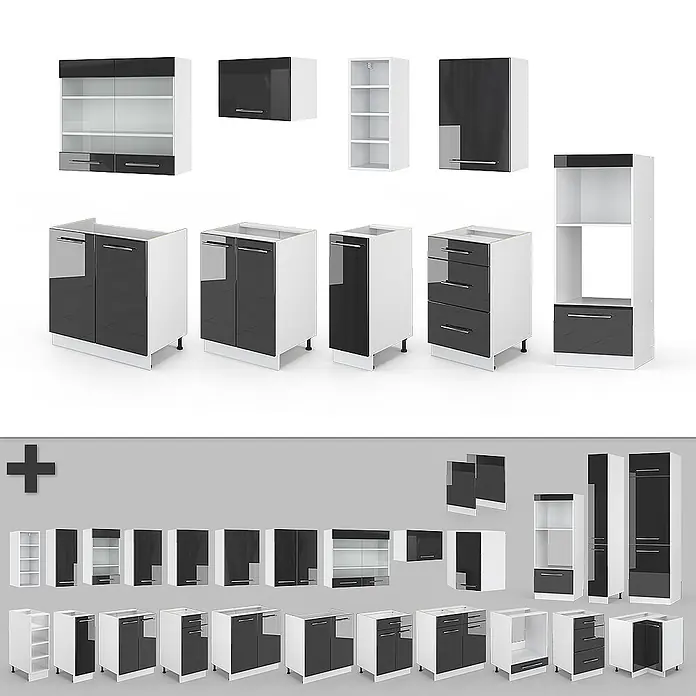 Vicco Küchenzeile Fame-Line Anthrazit Hochglanz/Weiß, AP Anthrazit - Breite: 280 cm, Anthrazit Hochglanz, Ohne Elektrogeräte - Modulare weiß-schwarze Küchenschränke mit glänzenden Fronten, einschließlich Unter- und Oberschränken.
