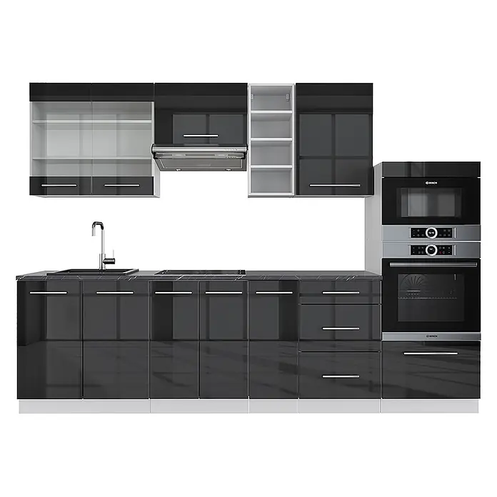 Vicco Küchenzeile Fame-Line Anthrazit Hochglanz/Weiß, AP Anthrazit - Breite: 280 cm, Anthrazit Hochglanz, Ohne Elektrogeräte - Glänzende schwarze Modulküche mit Einbaugeräten, Spüle, Kochfeld, Schränken und Schubladen.