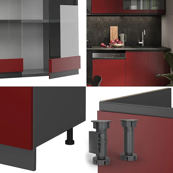 Vicco Küchenzeile R-Line, Rot/Anthrazit, 300 cm -  - Modulares Küchensystem mit roten Fronten, dunkelgrauen Rahmen und Klarglastüren. Inklusive verstellbarer Möbelfüße zur individuellen Höheneinstellung.